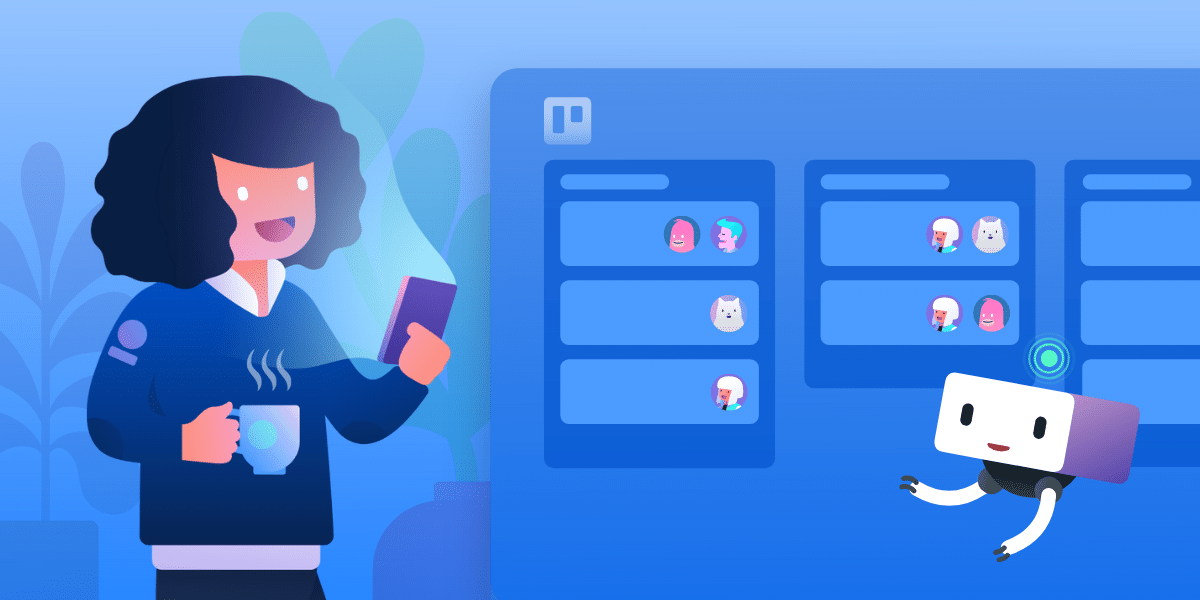 illustration of a person holding a book and a coffee in front of a Trello board