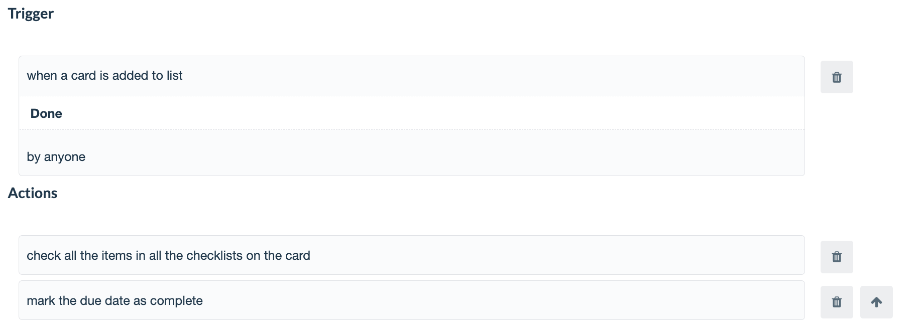 screenshot of a Trello board rule that checks off incomplete card items when the card is moved to the Done list