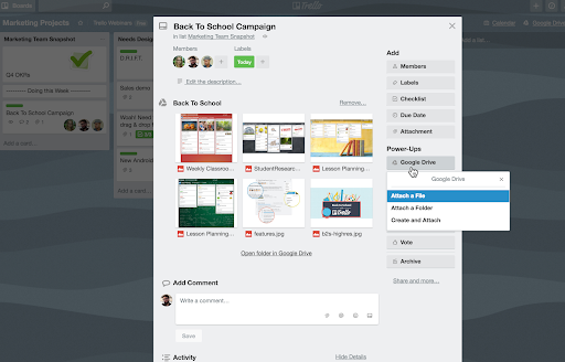 screenshot of the Google Drive Power-Up on a Trello board