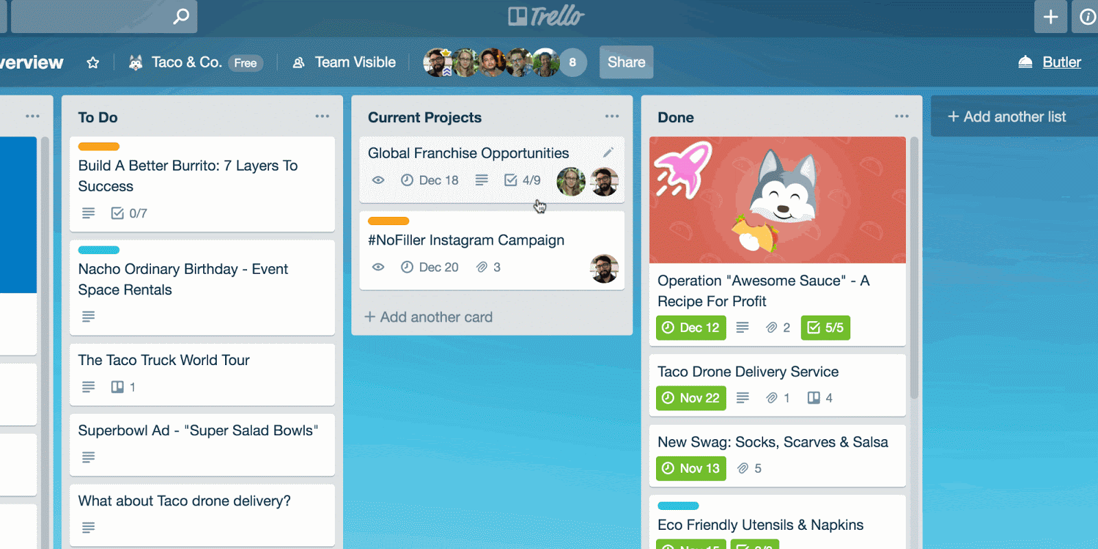 An example of Butler in Trello adding members to cards when dragged to the next list