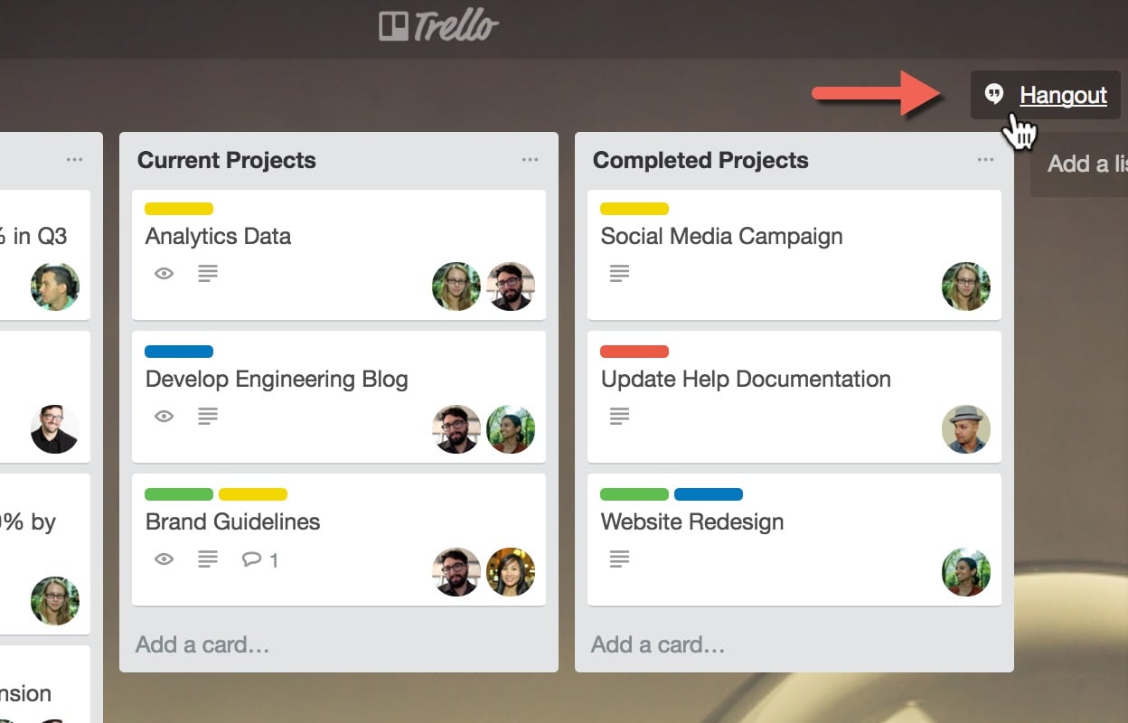 What a Google Hangout link looks like on a Trello board.