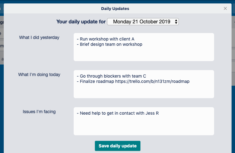 Daily Updates Power-Up view in Trello