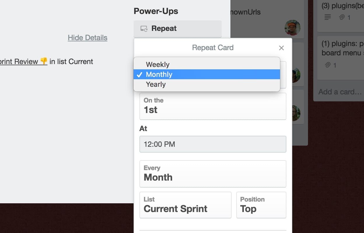 Selections on Trello Card Repeater Power-Up include Weekly, Monthly & Yearly