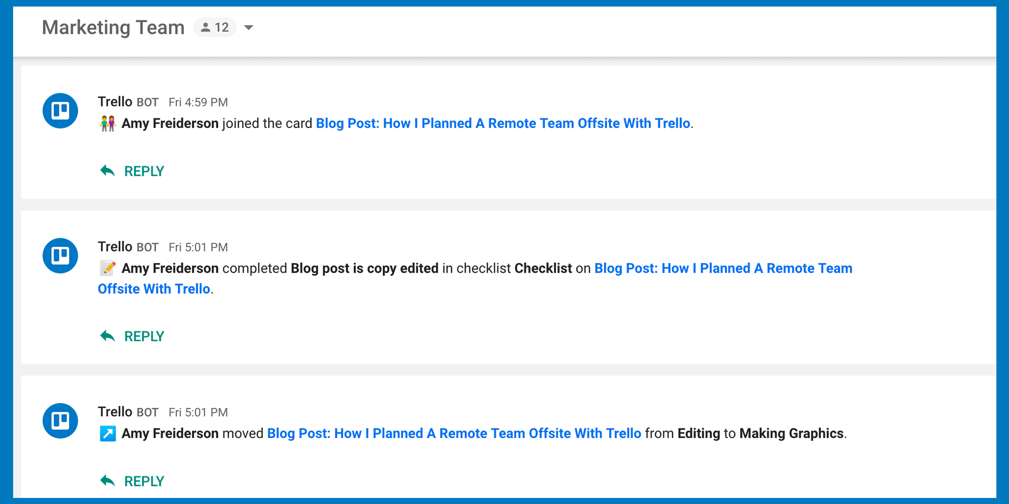 Trello updates in chat tool example