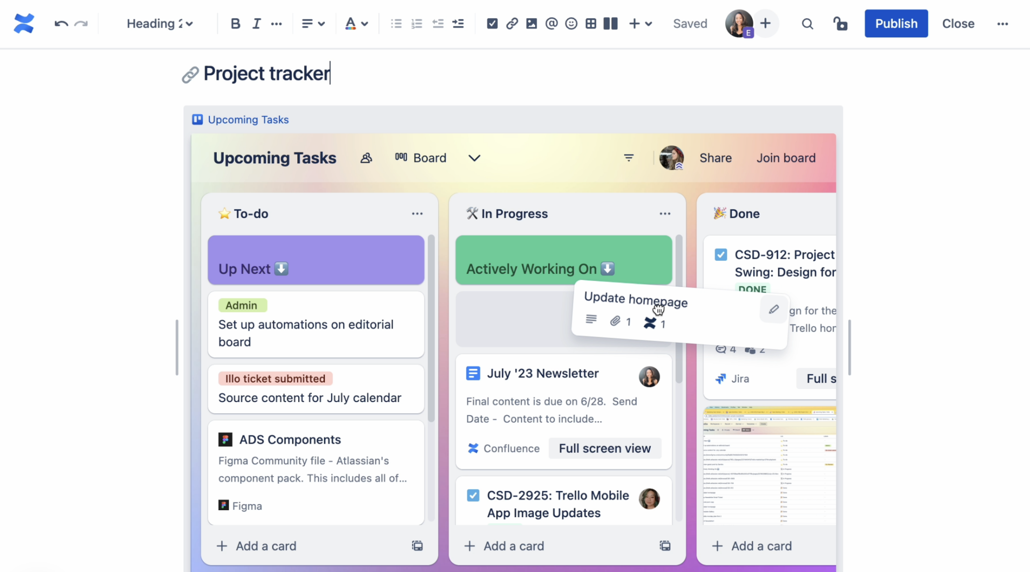 Trello board embedded in Confluence page