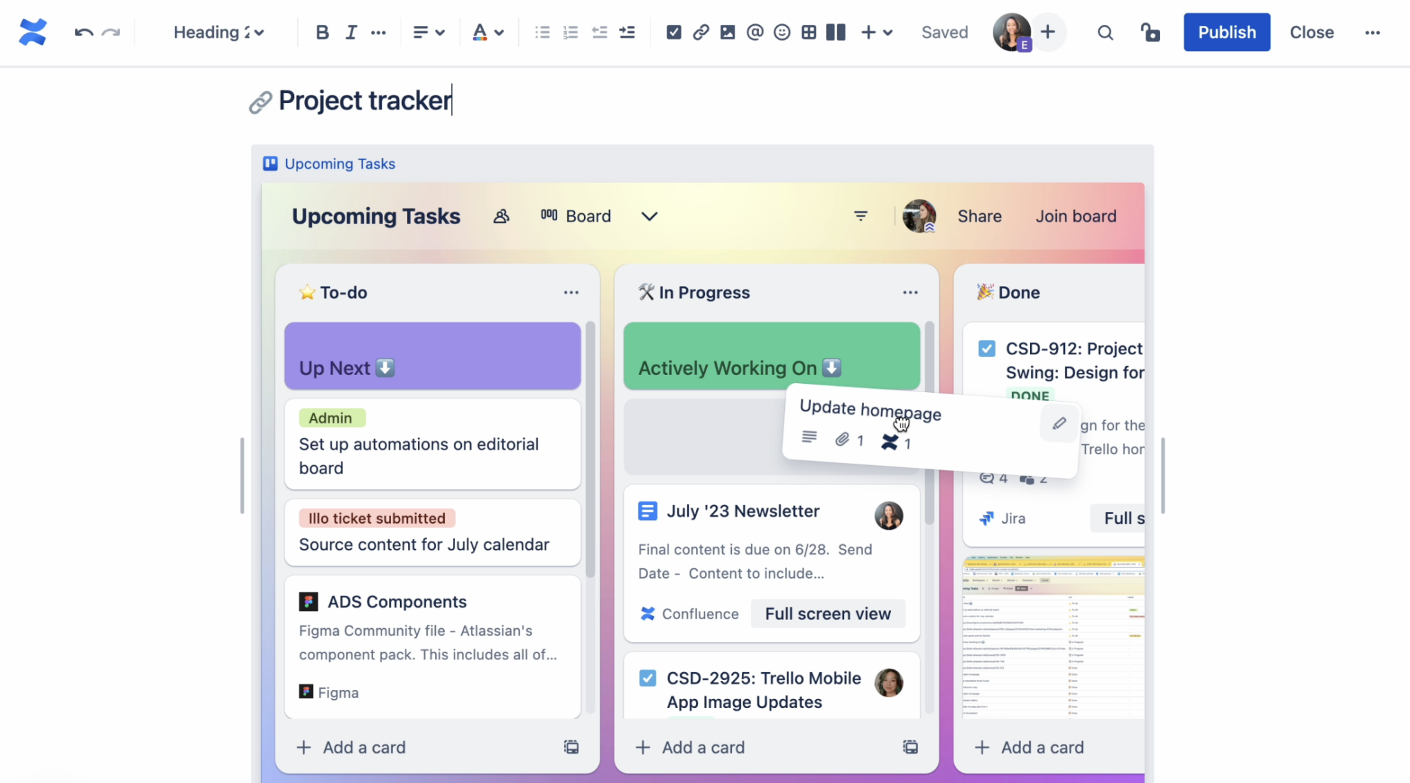 trello board embedded in confluence page