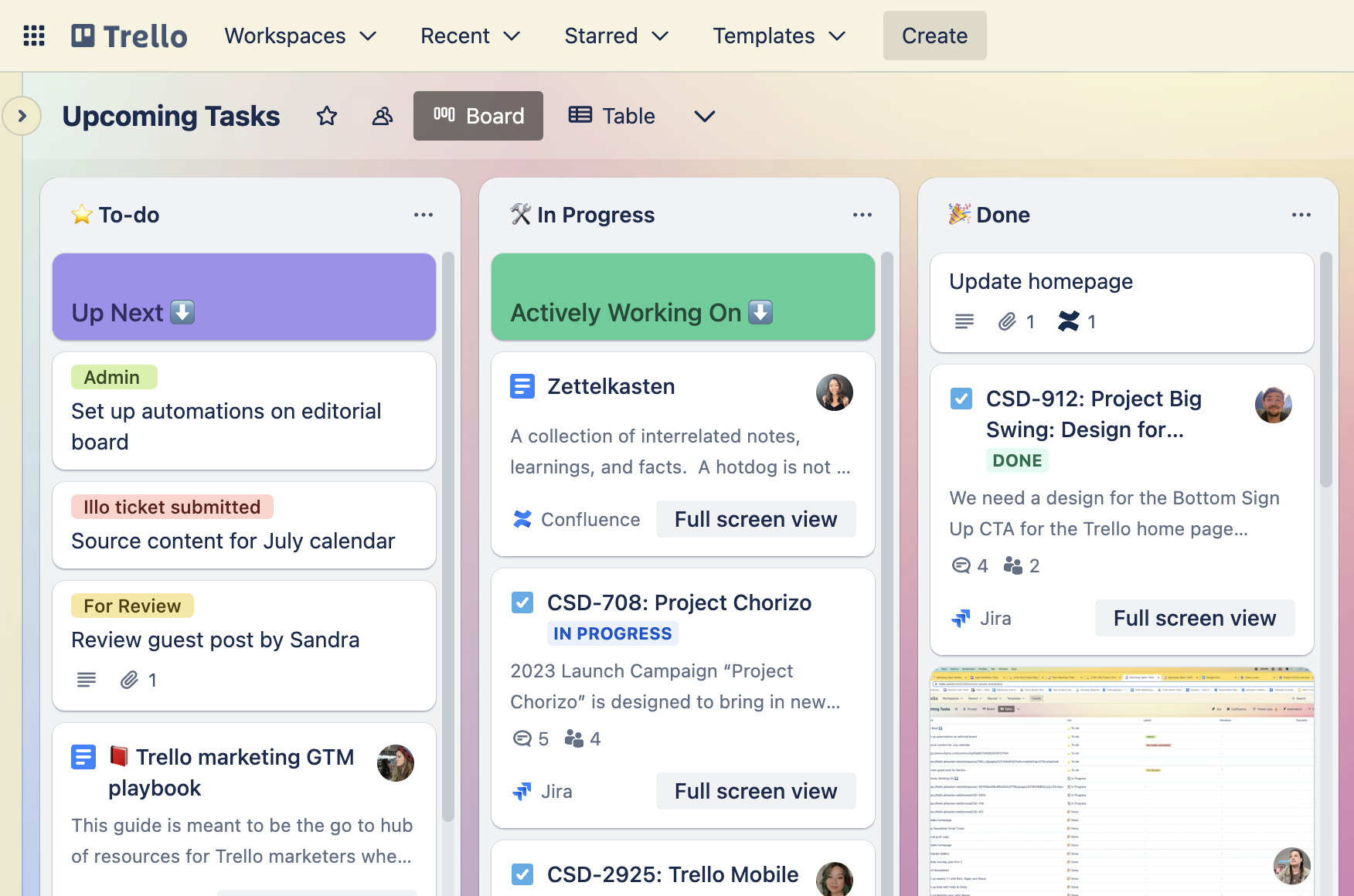 trello board that shows tasks organized into status columns