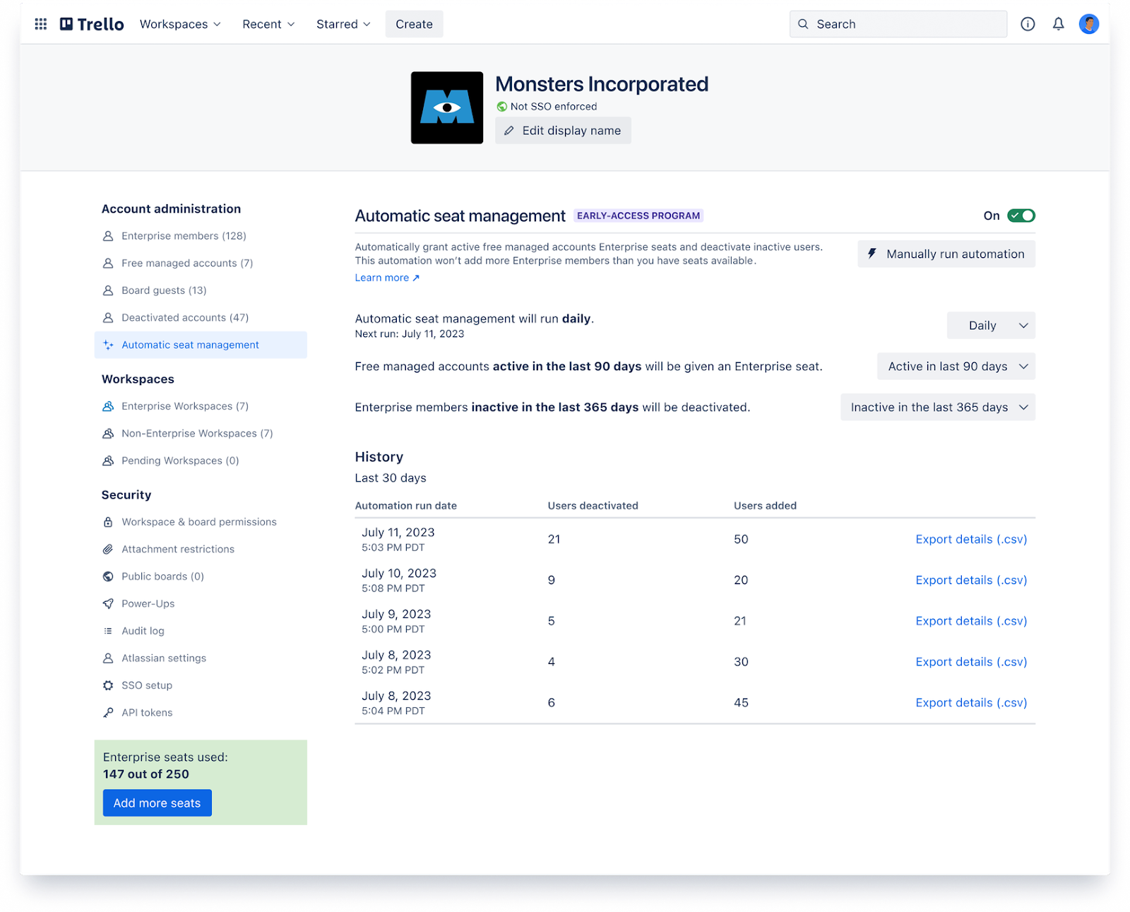 A screenshot of the new automatic seat management in the Trello Enterprise Admin Dashboard. This feature allows admins to set specific time periods for both active and inactive members in order to automatically grant and deactivate Trello Enterprise access.