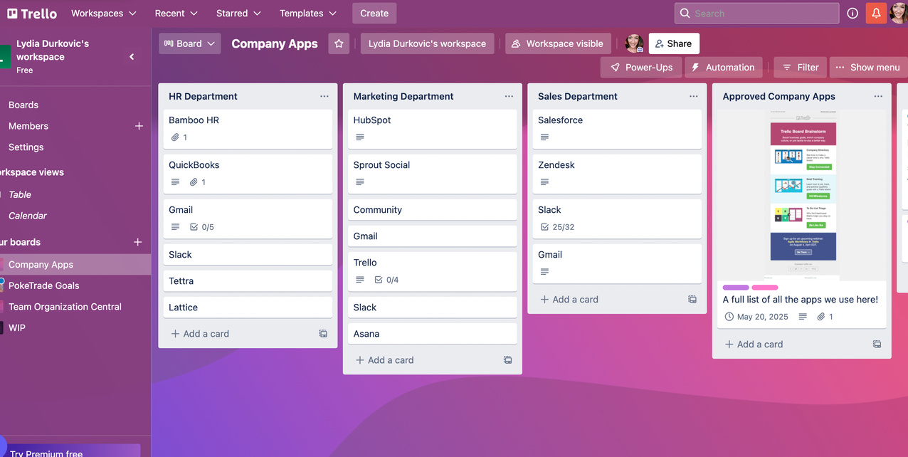 screenshot of a Trello board cataloging all apps used by HR, marketing, sales, and other departments