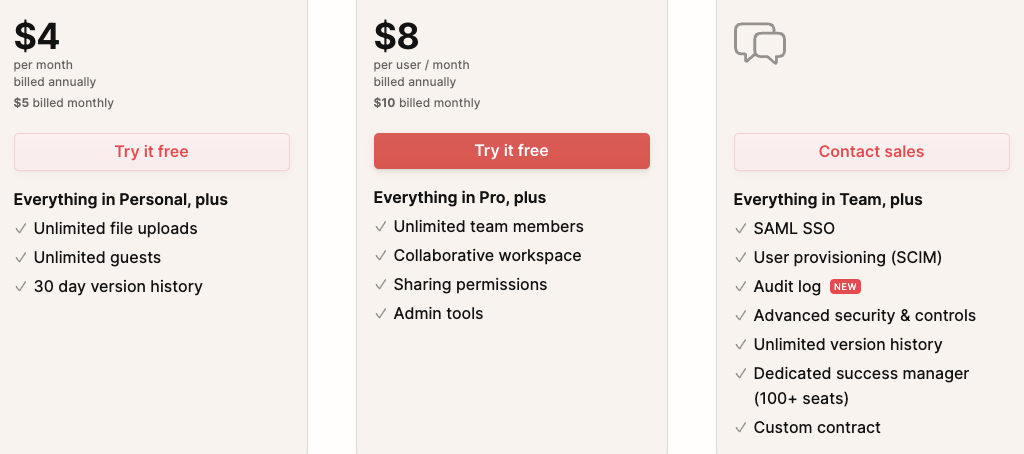 Screenshot of Notion’s list of features for its Free, Personal Pro, Team, and Enterprise plans