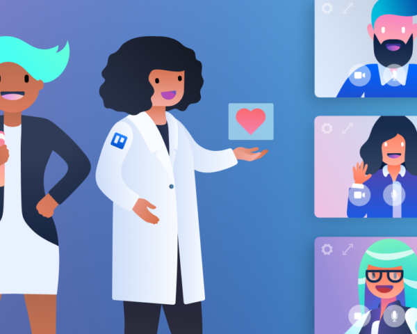 Worker in a lab coat chatting with people over Zoom