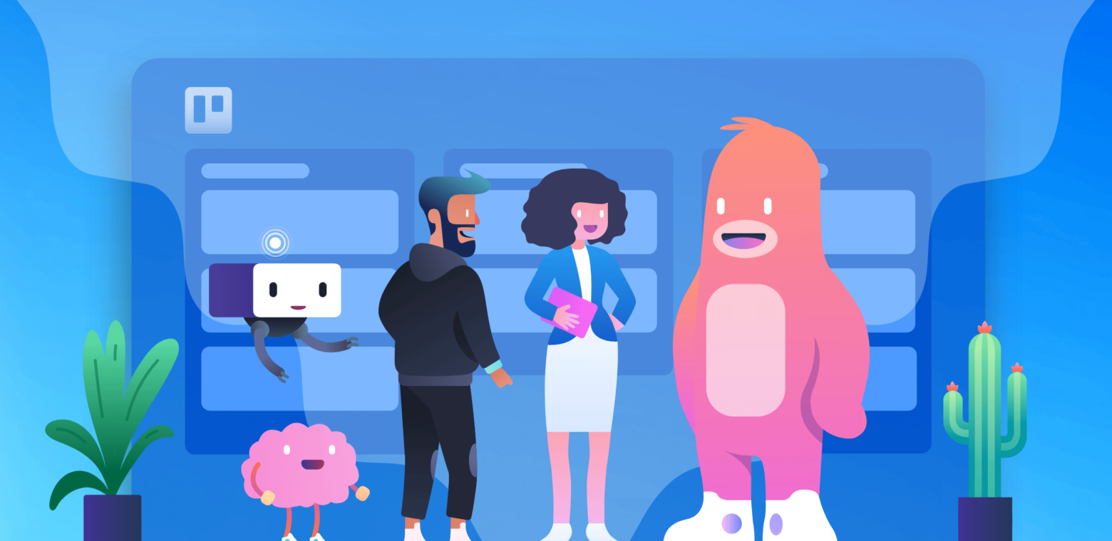 illustration of people and characters asking What is Trello for?