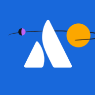 Atlassian logo on a blue background with a sun and moon orbiting it.