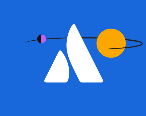 Atlassian logo on a blue background with a sun and moon orbiting it.