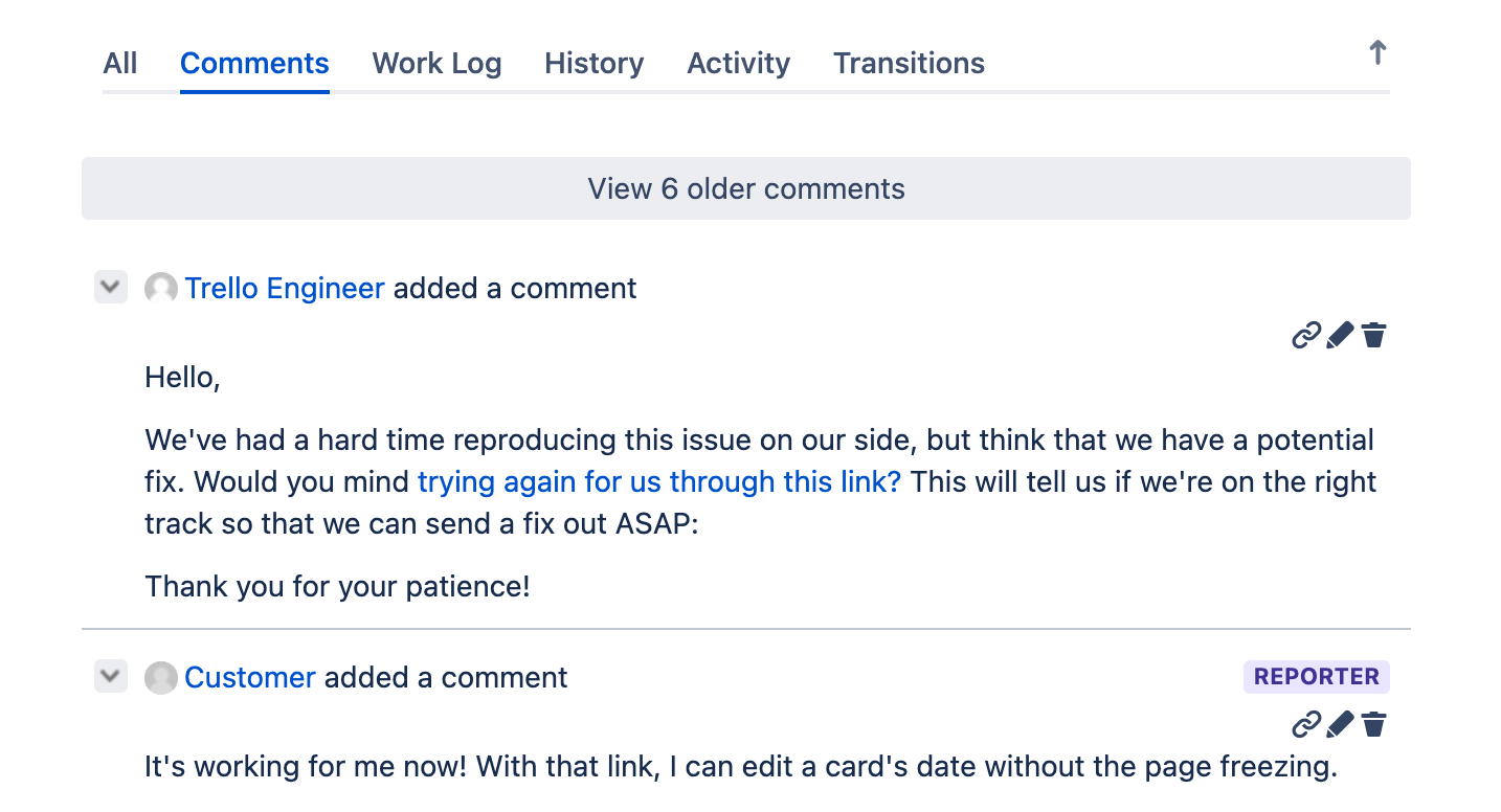 Screenshot of a support ticket. A Trello engineer sent the customer the build link.