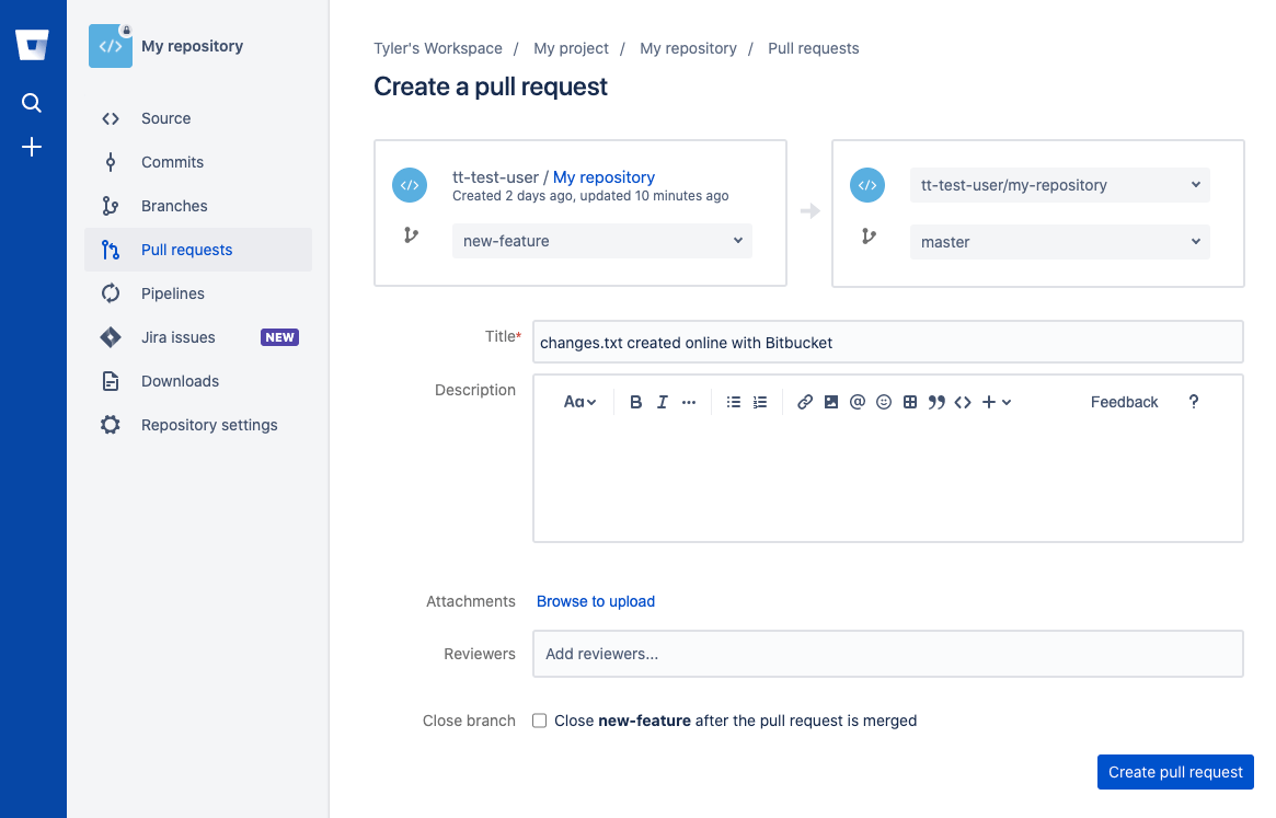 Add file attachments to pull requests in Bitbucket Cloud