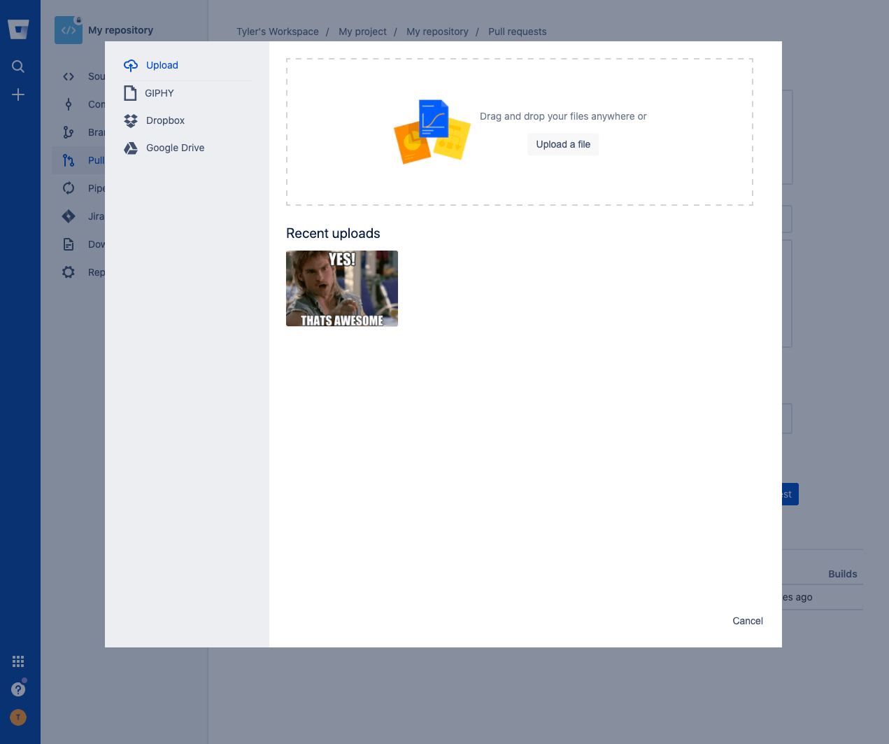 The create pull request view in Bitbucket Cloud with the Media Picker open