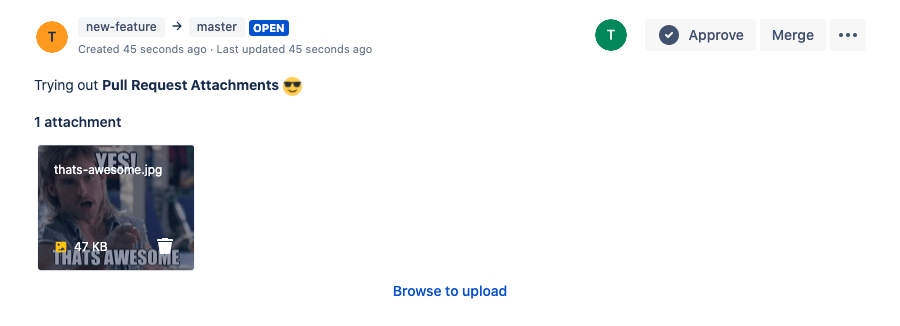 An editable attachment file on a pull request in Bitbucket Cloud