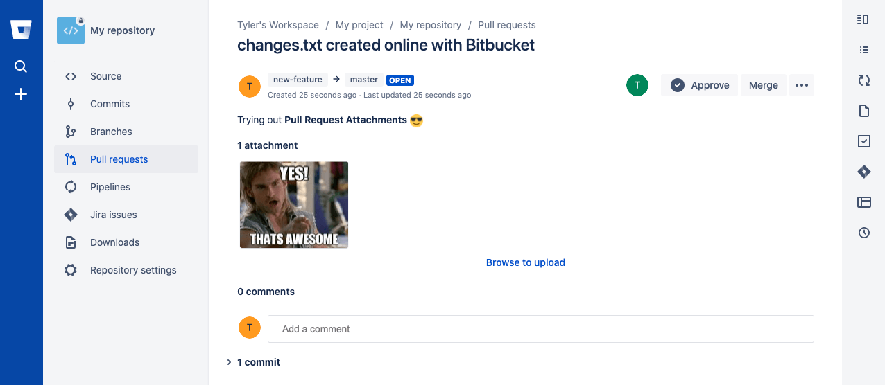 A pull request in Bitbucket Cloud with a single attachment