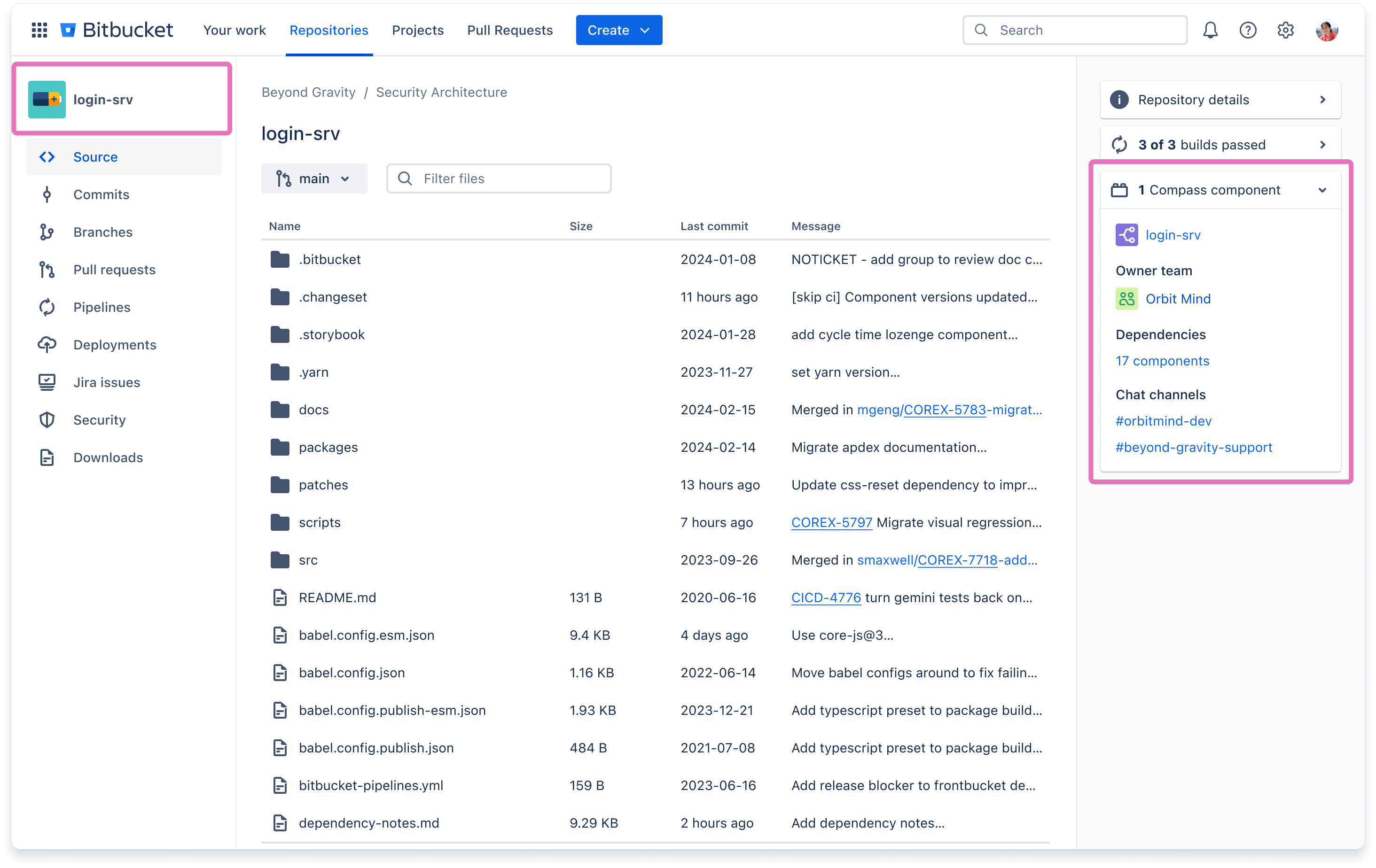 A Bitbucket repository showing a Compass software component linked to it.