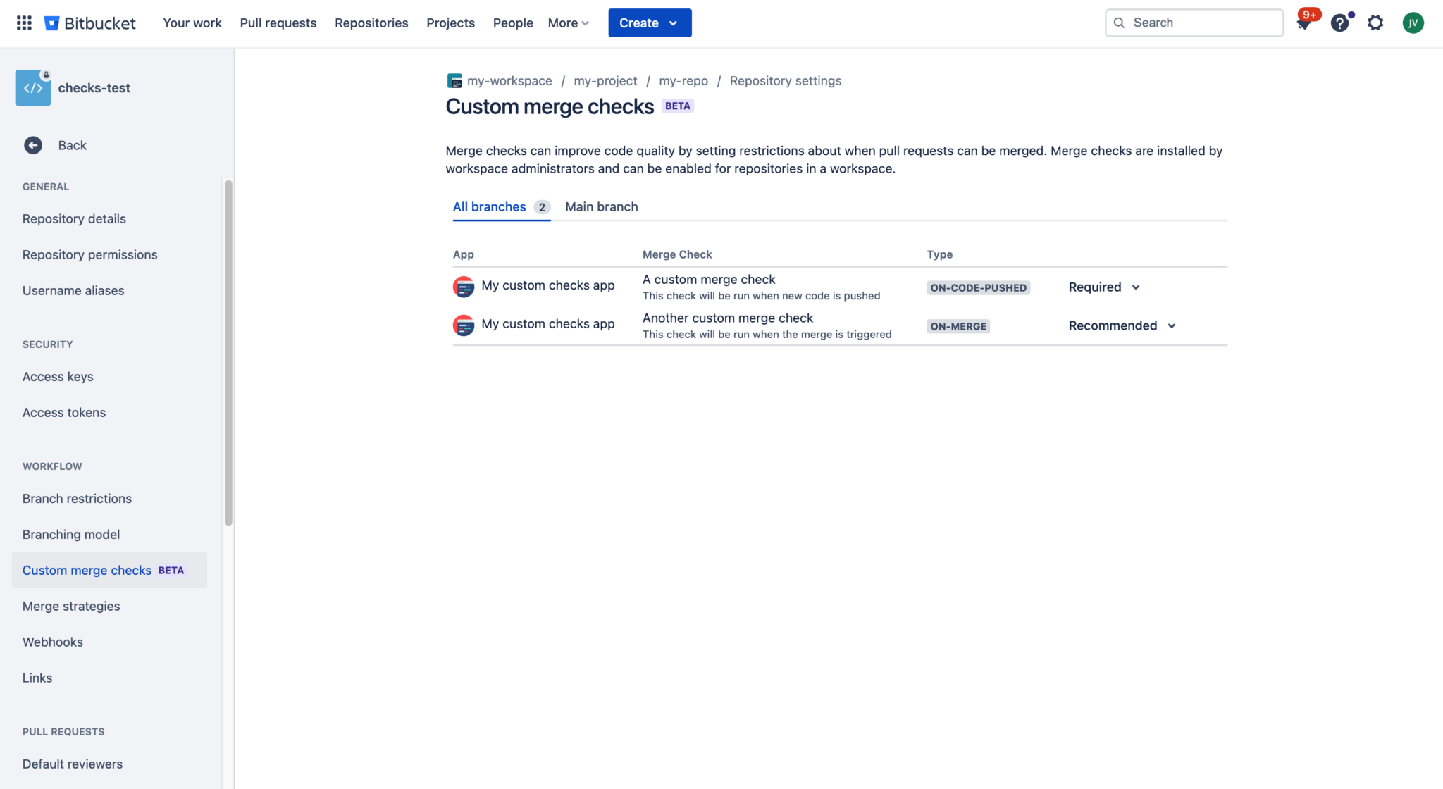 Custom merge check branch configuration screen.