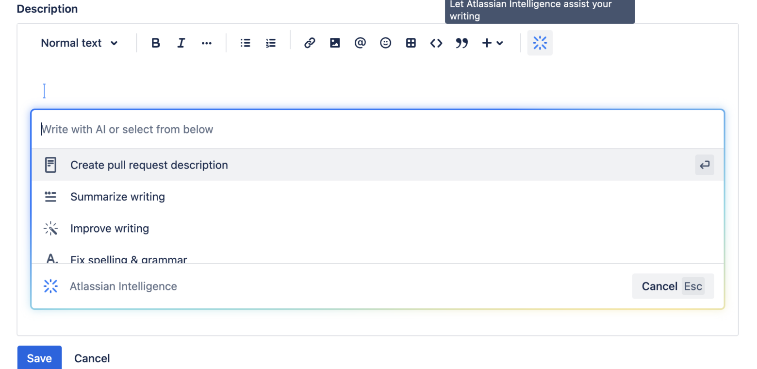 Generate Bitbucket Cloud pull request descriptions with Atlassian Intelligence