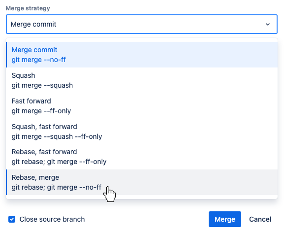 Merge strategy options dropdown