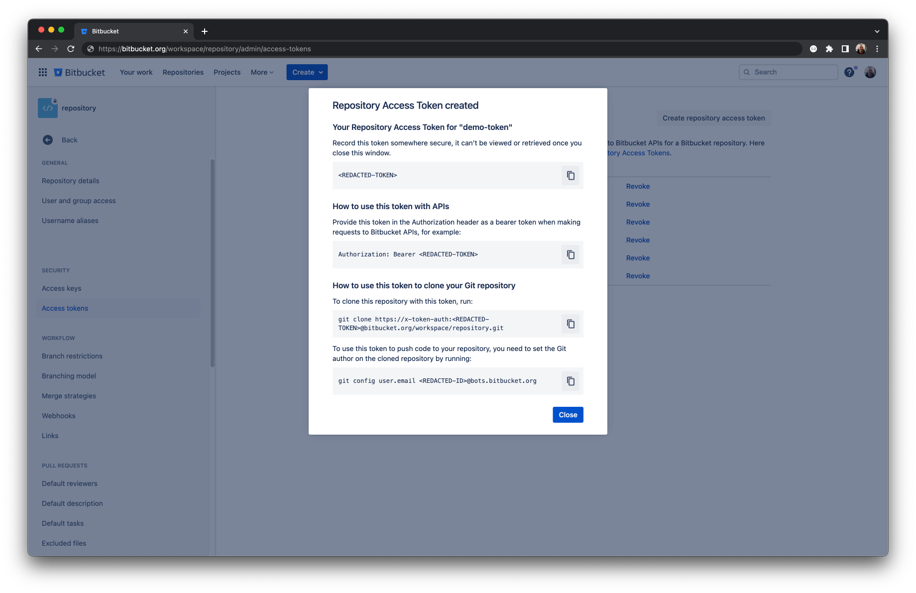 Repository Access Token created page