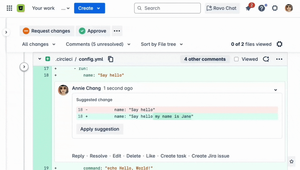 Animated illustration of applying a code suggestion to a pull request in Bitbucket Cloud.