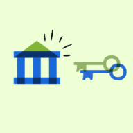 Illustration of a financial institution next to a set of keys