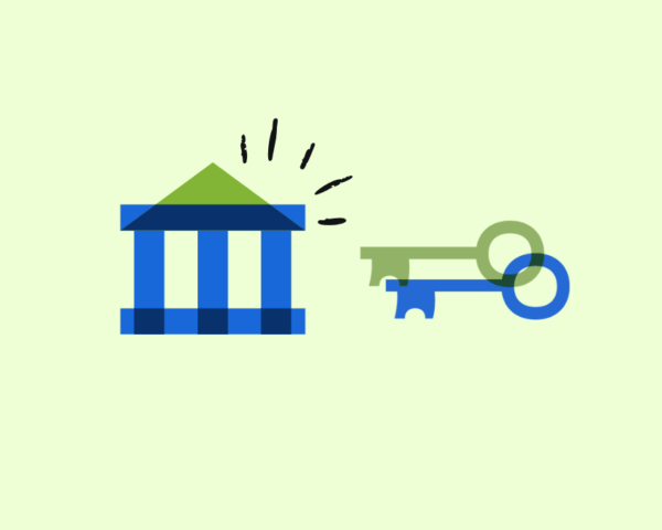 Illustration of a financial institution next to a set of keys