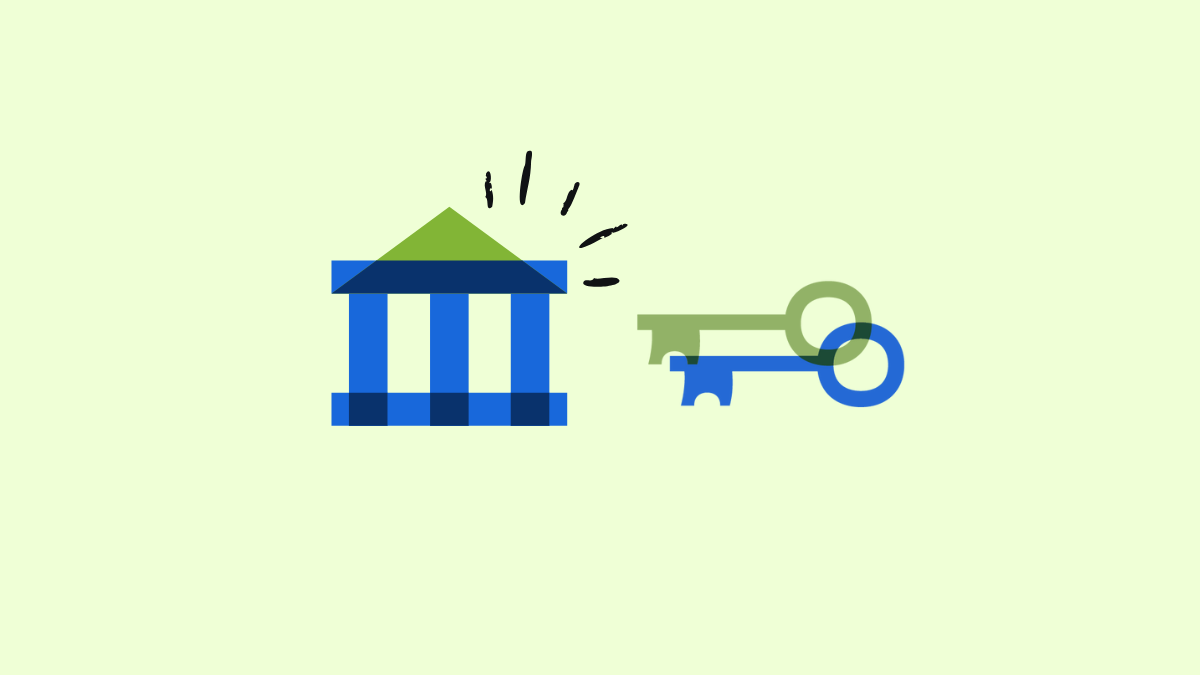 Illustration of a financial institution next to a set of keys
