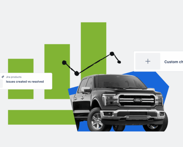 Black Ford F-150 pickup truck in front of green bar charts and a black line graph, with pop-up boxes displaying 'Jira products: Issues created vs resolved' and 'Custom chart' on a light gray and blue geometric background.