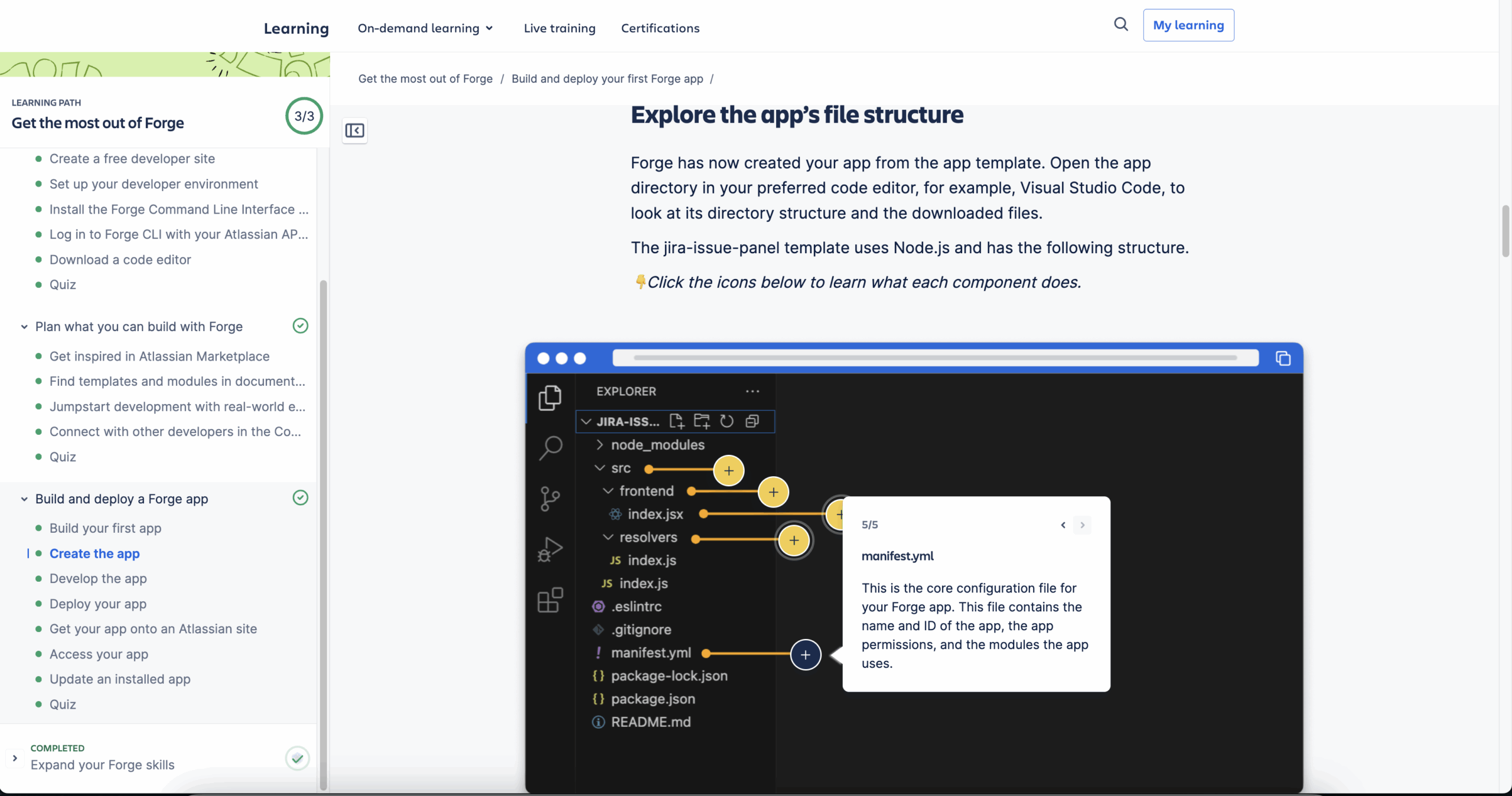 A screenshot showing the Atlassian Learning "Get the most out of Forge" learning path. 