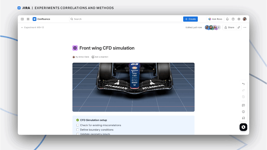 Atlassian Confluence CFD simulation with AI insights Screenshot of Jira and Confluence experiment page “Front wing CFD simulation” with a 3D Formula 1 style front wing and Atlassian Rovo AI suggesting next steps to investigate a front wing yaw miscorrelation in CFD.