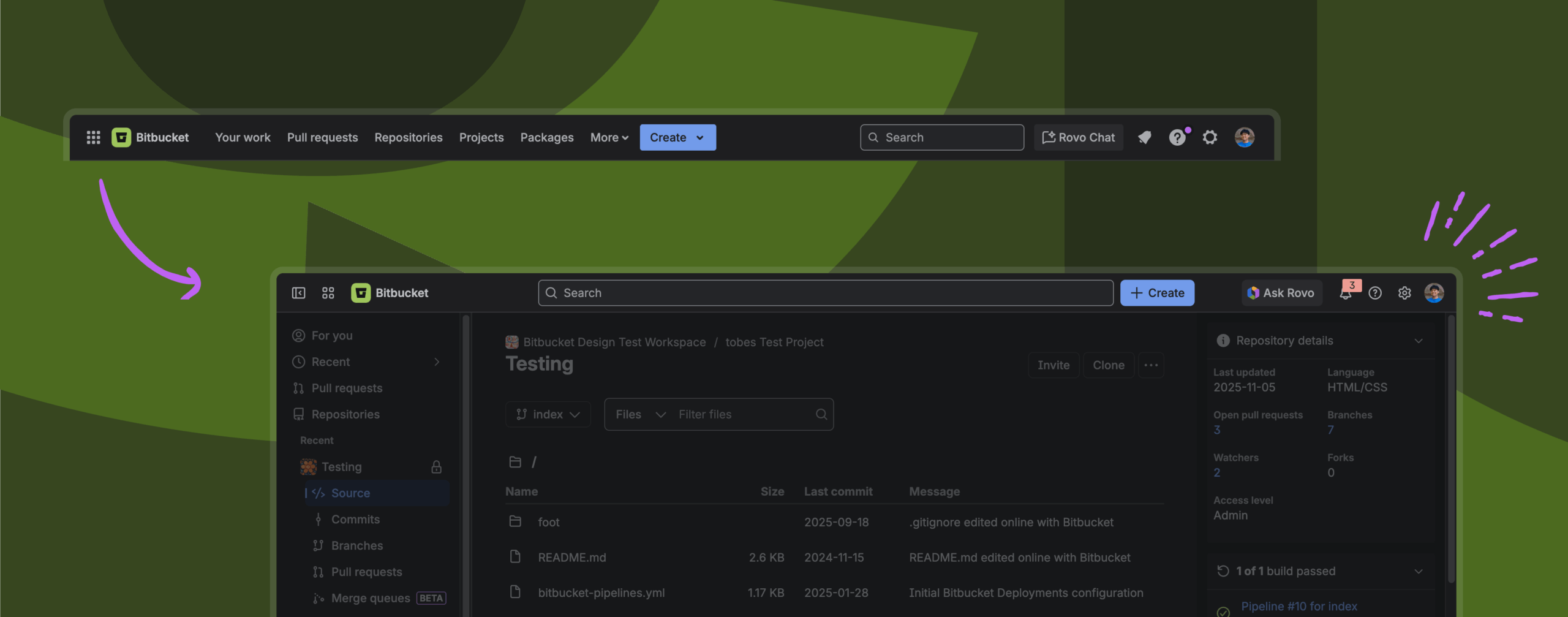 Illustration of global top navigation in Bitbucket Cloud's new navigation system