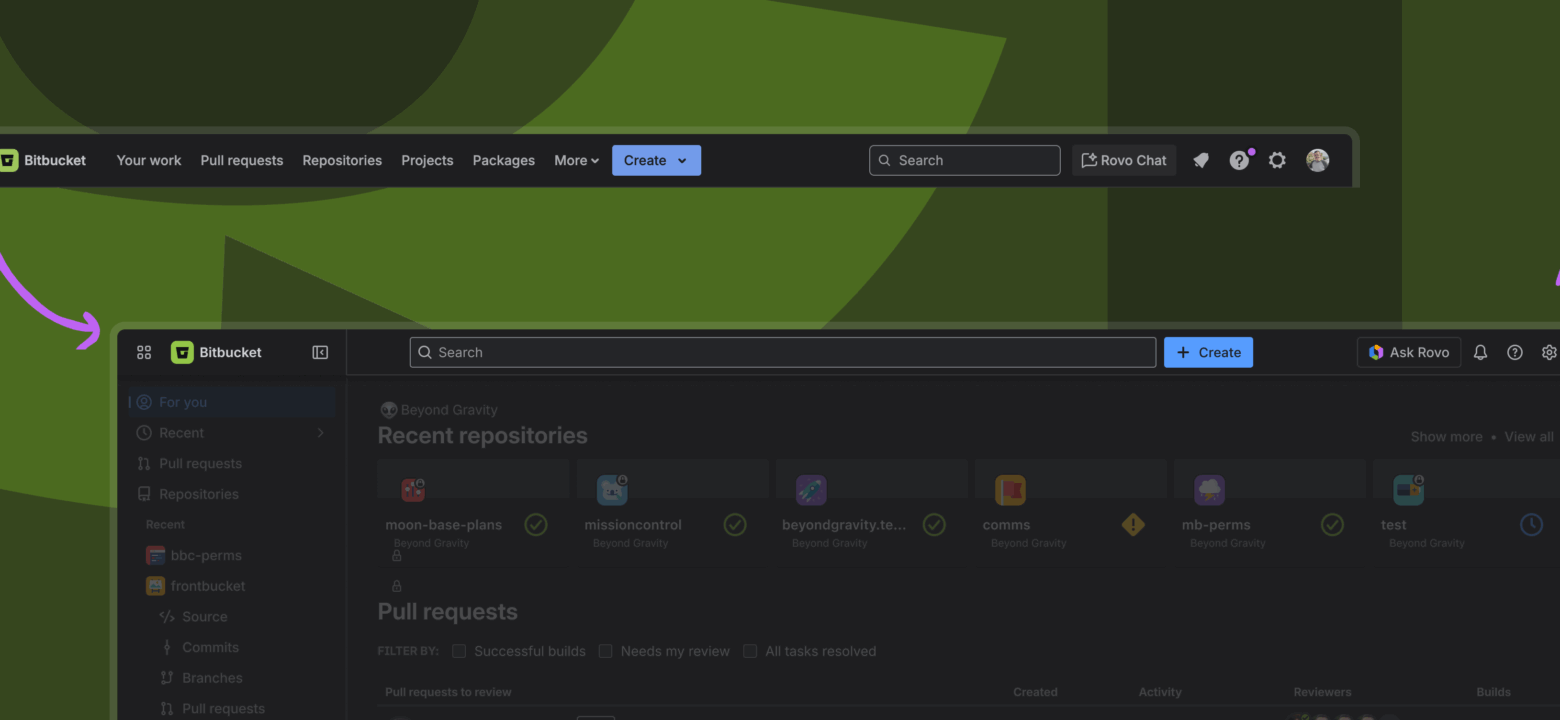 Illustration of global top navigation in Bitbucket Cloud's new navigation system