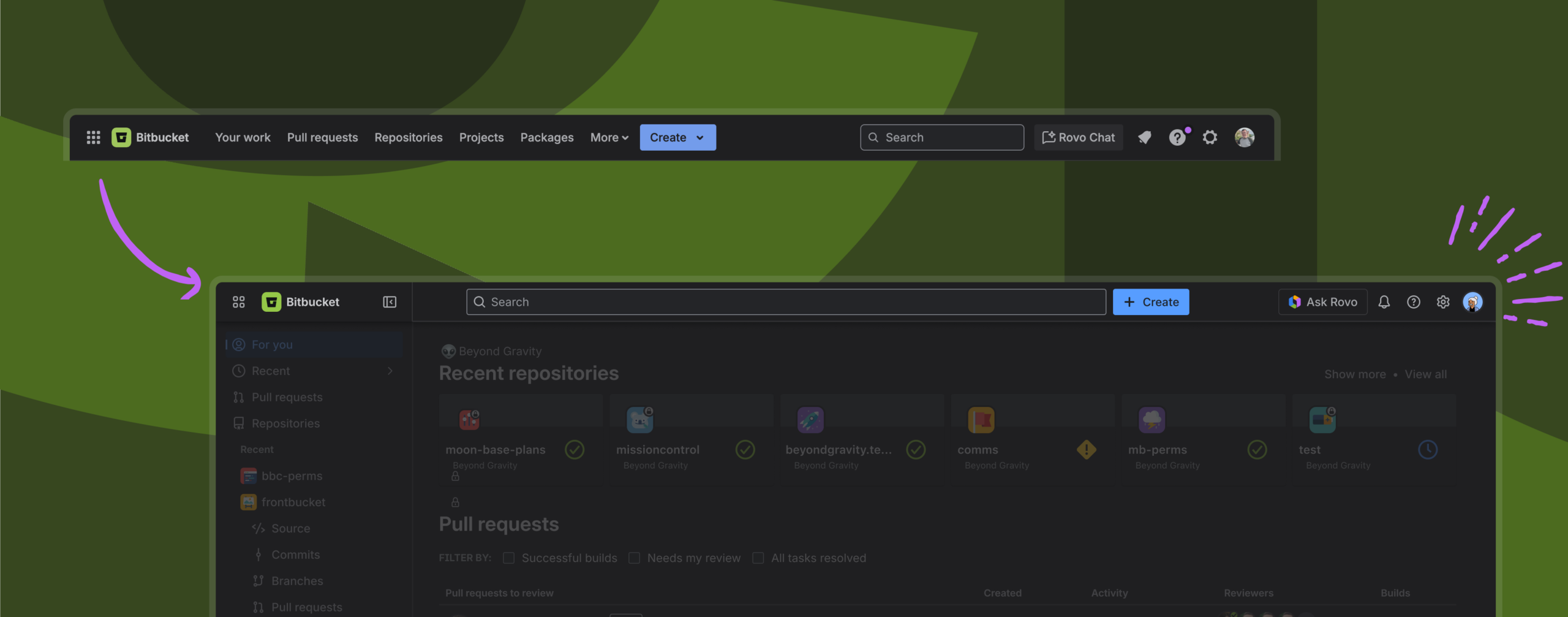 Illustration of global top navigation in Bitbucket Cloud's new navigation system