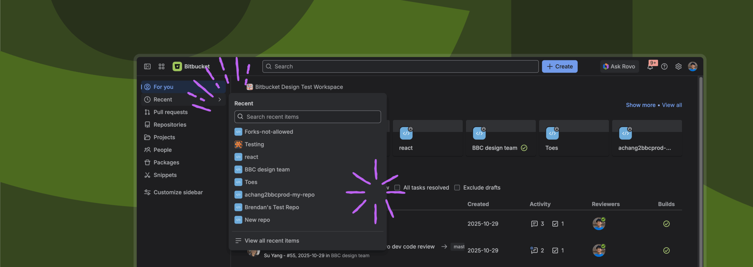 Illustration of recent items in Bitbucket Cloud's new navigation system