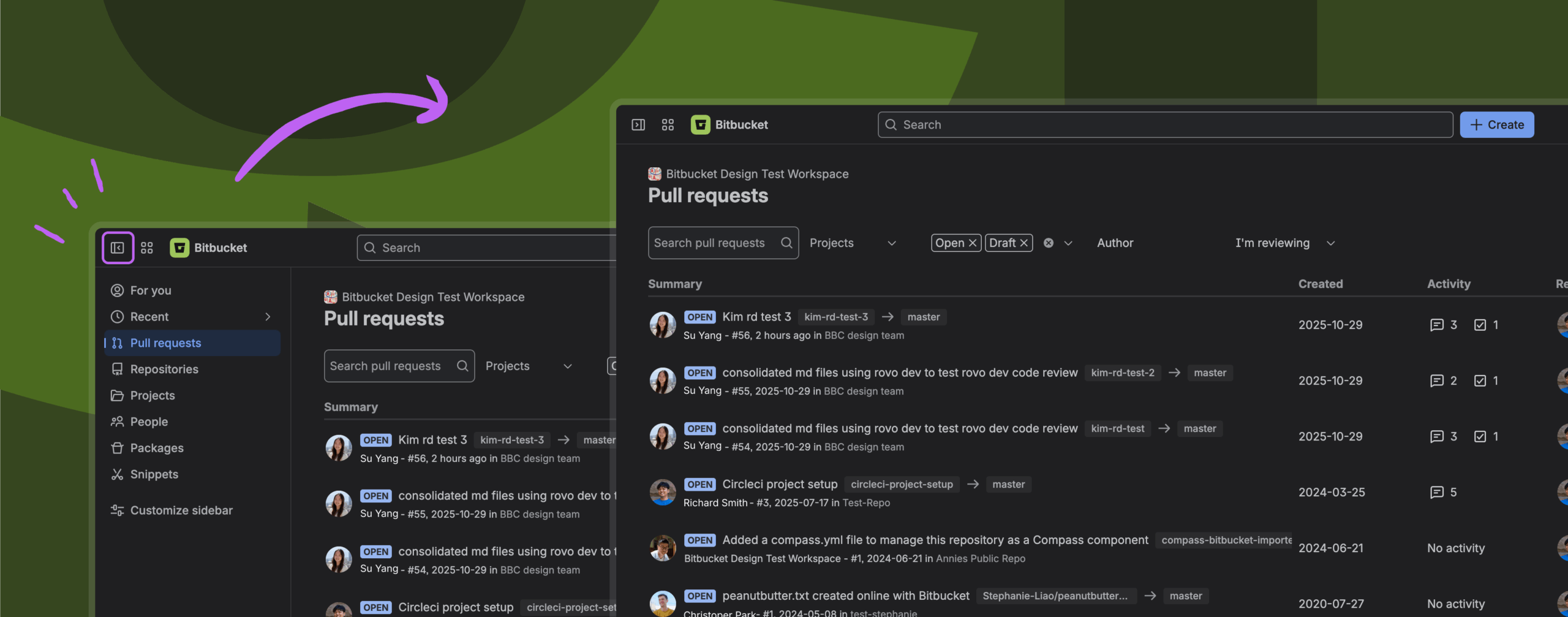 Illustration of pull requests list in Bitbucket Cloud's new navigation system