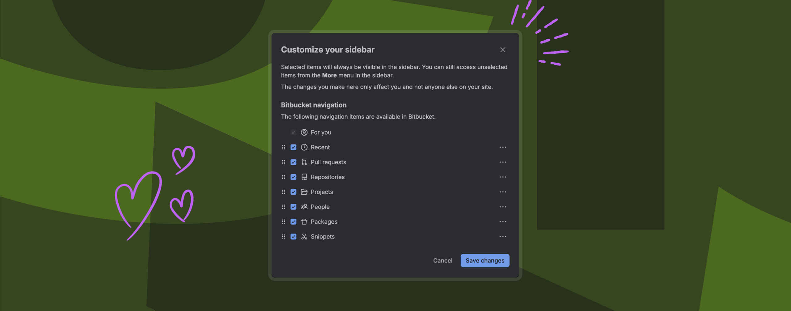 Illustration of sidebar customization screen in Bitbucket Cloud's new navigation system