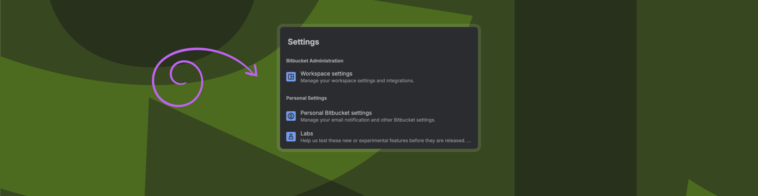 Illustration of global settings menu in Bitbucket Cloud's new navigation system