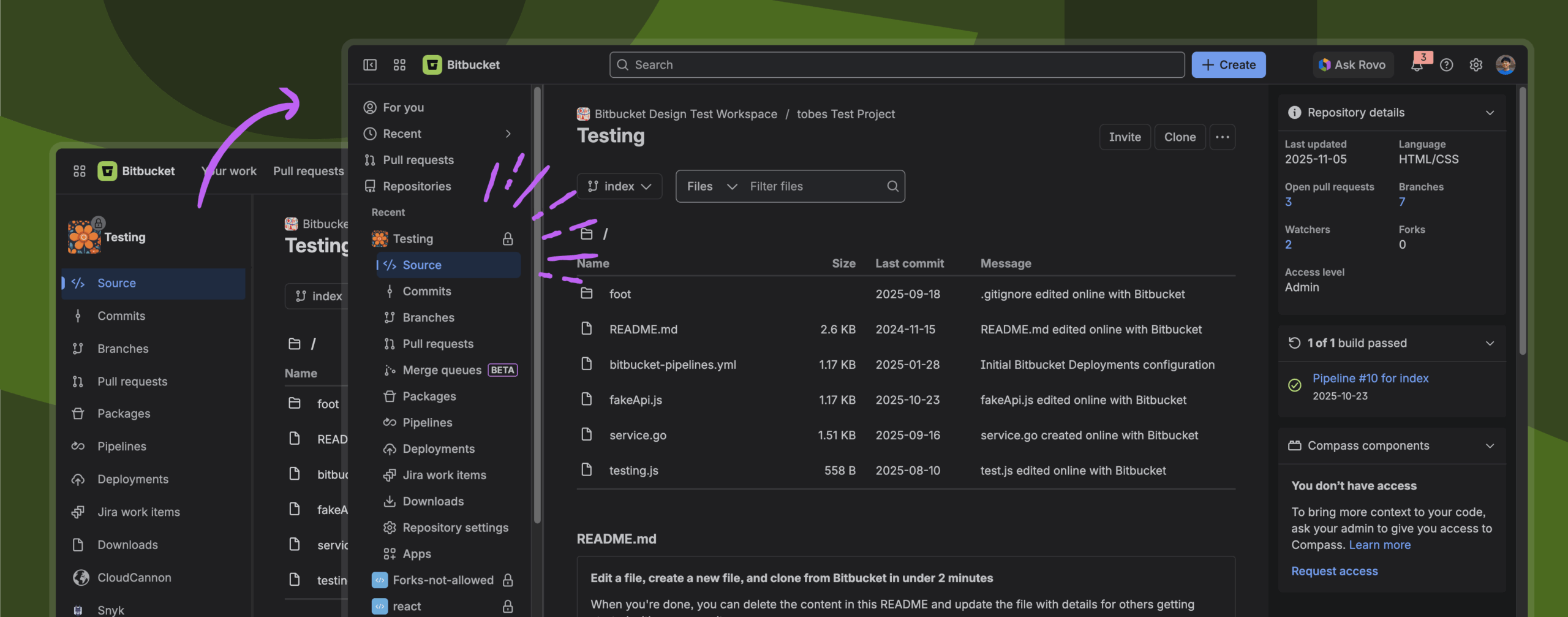 Illustration of repository sidebar navigation in Bitbucket Cloud's new navigation system