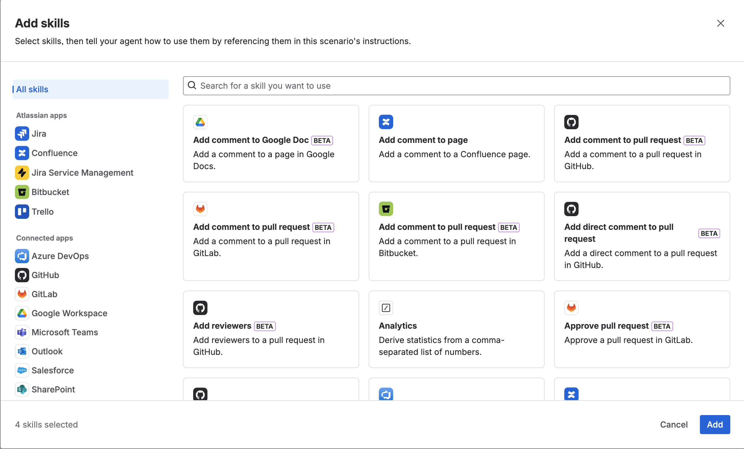 Screenshot of the Rovo Studio skills library.