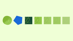Abstract illustration showing diverse geometric shapes — a textured green circle and a blue dotted pentagon — gradually transitioning into a row of increasingly uniform green squares with fading loop designs, representing how AI can flatten diverse thinking into sameness.