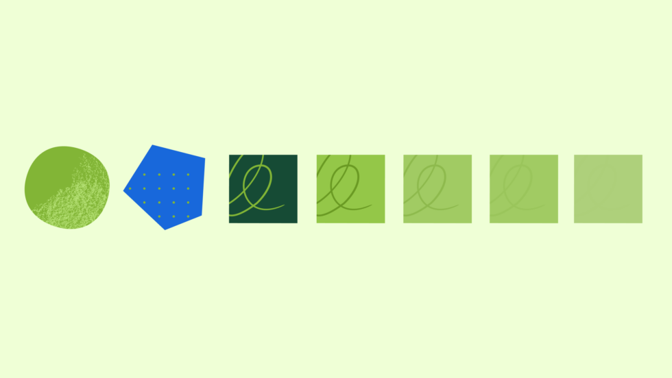 Abstract illustration showing diverse geometric shapes — a textured green circle and a blue dotted pentagon — gradually transitioning into a row of increasingly uniform green squares with fading loop designs, representing how AI can flatten diverse thinking into sameness.