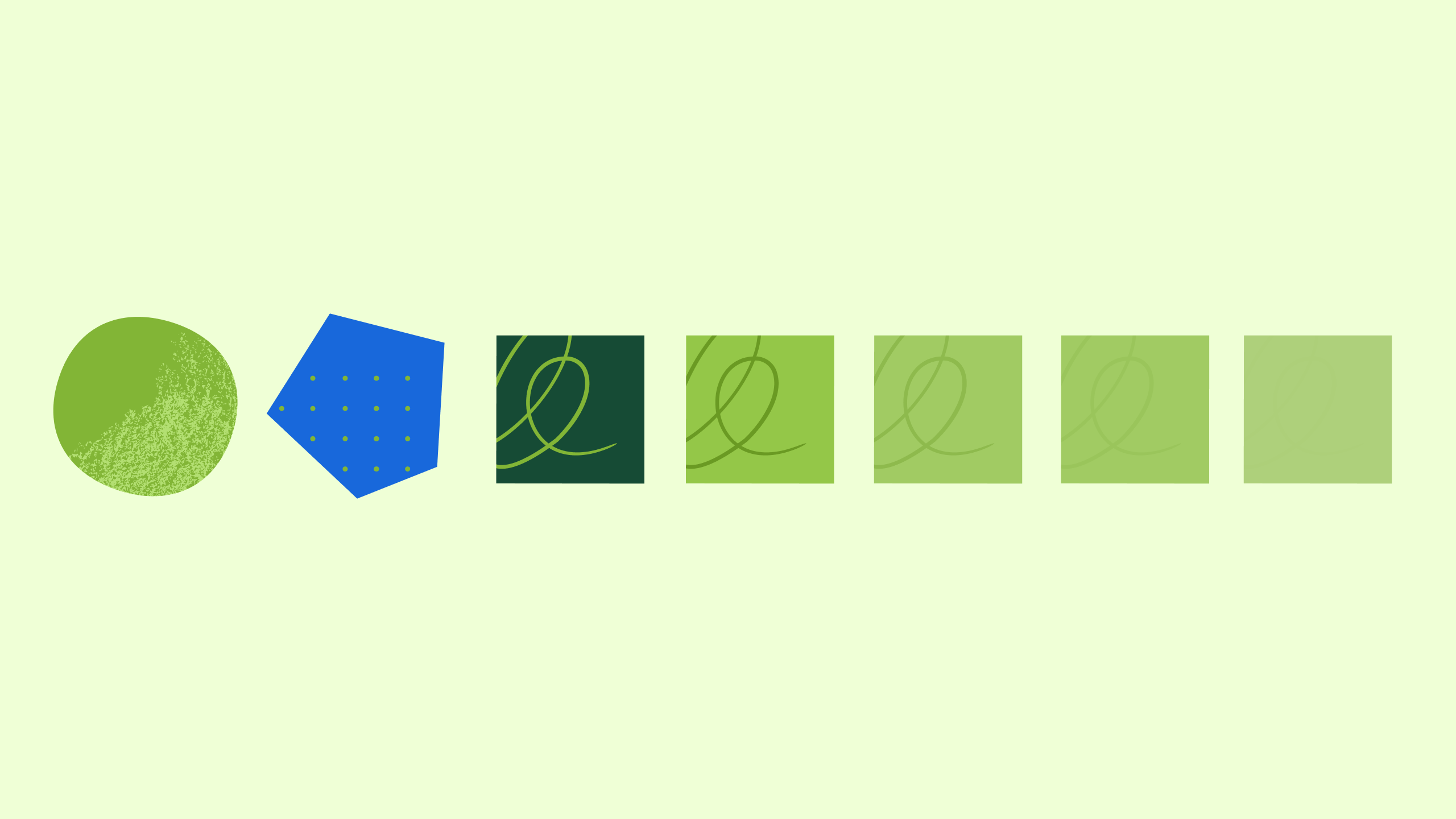 Abstract illustration showing diverse geometric shapes — a textured green circle and a blue dotted pentagon — gradually transitioning into a row of increasingly uniform green squares with fading loop designs, representing how AI can flatten diverse thinking into sameness.