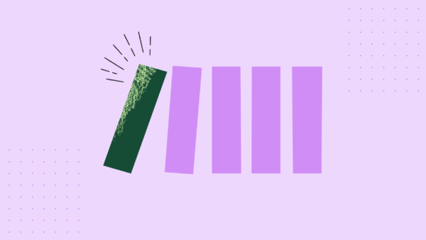 Five domino-like blocks in a row; one standout block topples the rest, illustrating how a single AI superuser sets a team in motion.