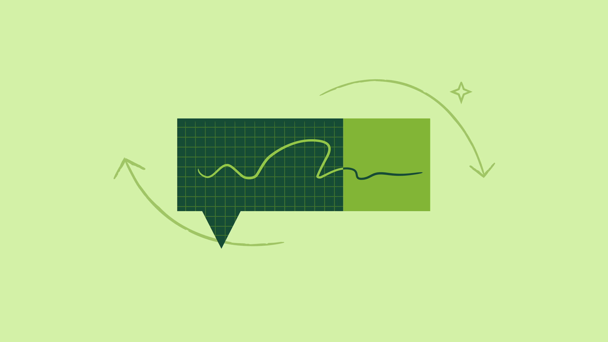 Abstract illustration representing a feedback loop: a speech bubble with a data grid and trend line.
