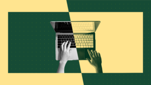 A bird's-eye view of a laptop split diagonally into two contrasting color fields — one dark green, one warm yellow — with two hands, one grayscale and one gold-toned, reaching toward the keyboard from opposite sides.